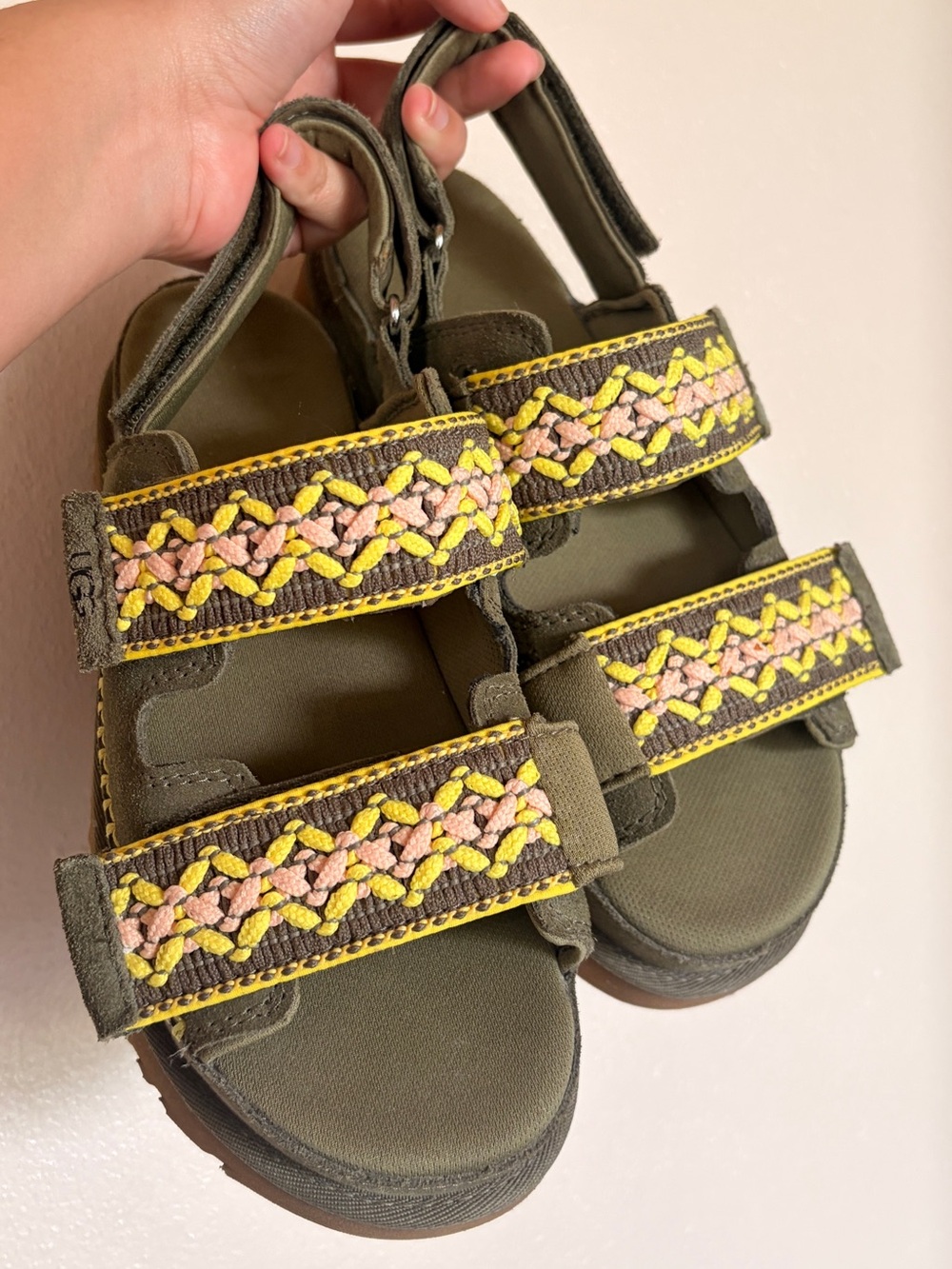 UGG Olive Green Sandals with Yellow & Pink Braided Trim